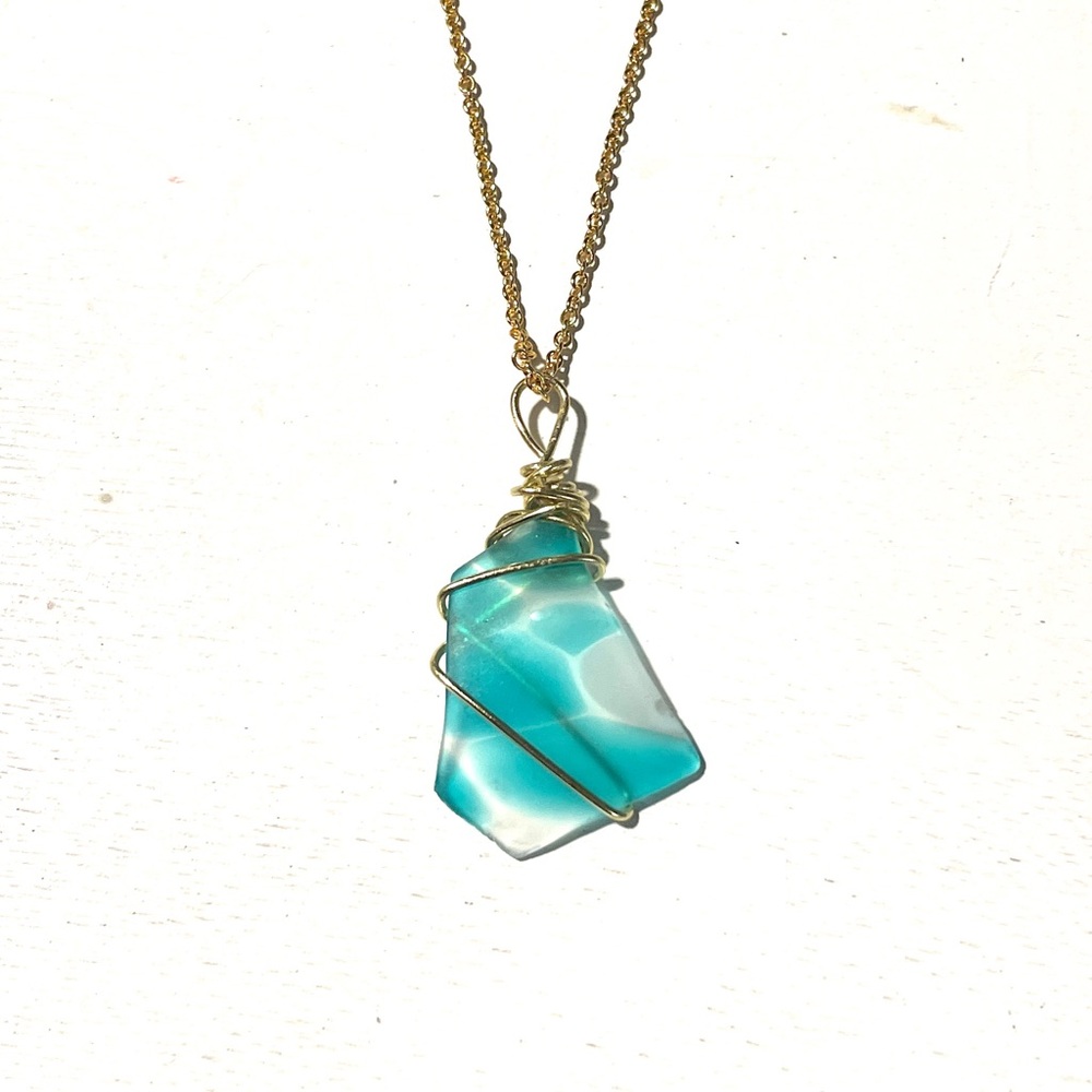 Hand Crafted 18k Gold Plated and Blue Wire-Wrapped Sea Glass Necklace